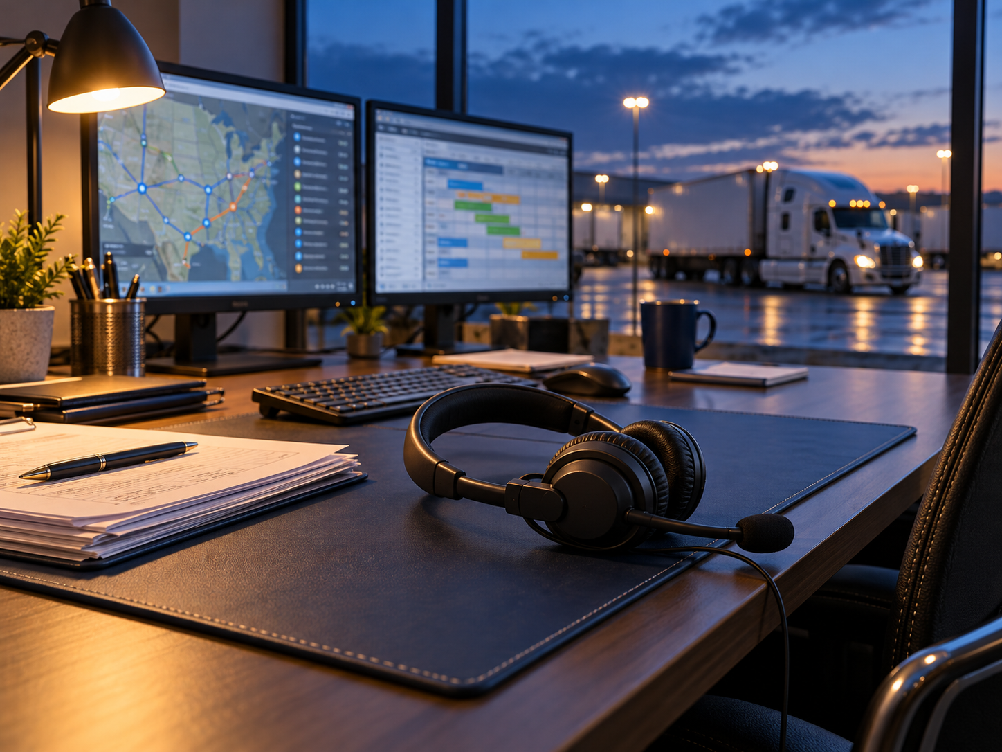 Headset and computer at a dispatch workspace