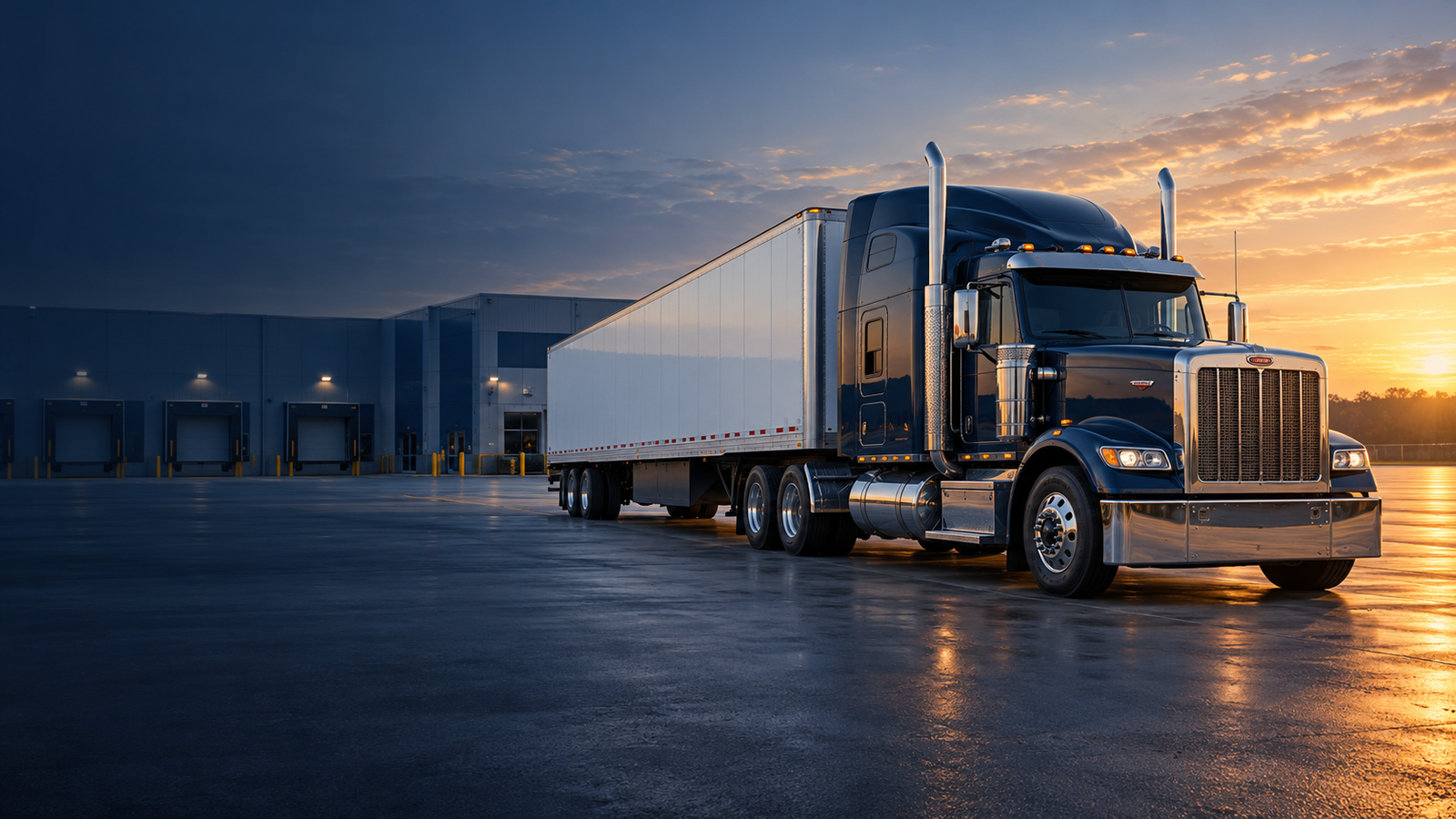 Navy semi-truck and white dry van trailer at a freight terminal at sunrise